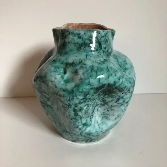 Vintage MCM Made in Italy pottery vase marbled aqua pinched organic midcentury - Picture 2 of 12